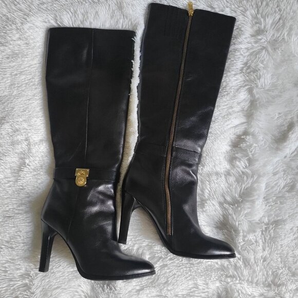 Michael Kors Black Leather Knee-High Boots Gold Hardware  Size 7.5M - Picture 3 of 9